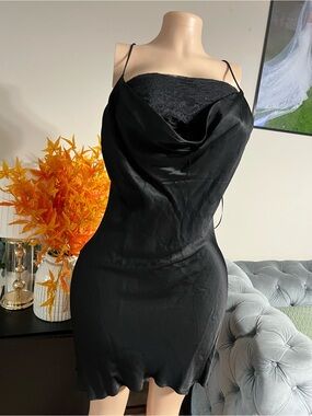 Dress Forum Black Satin Slip Dress with Spaghetti Straps
